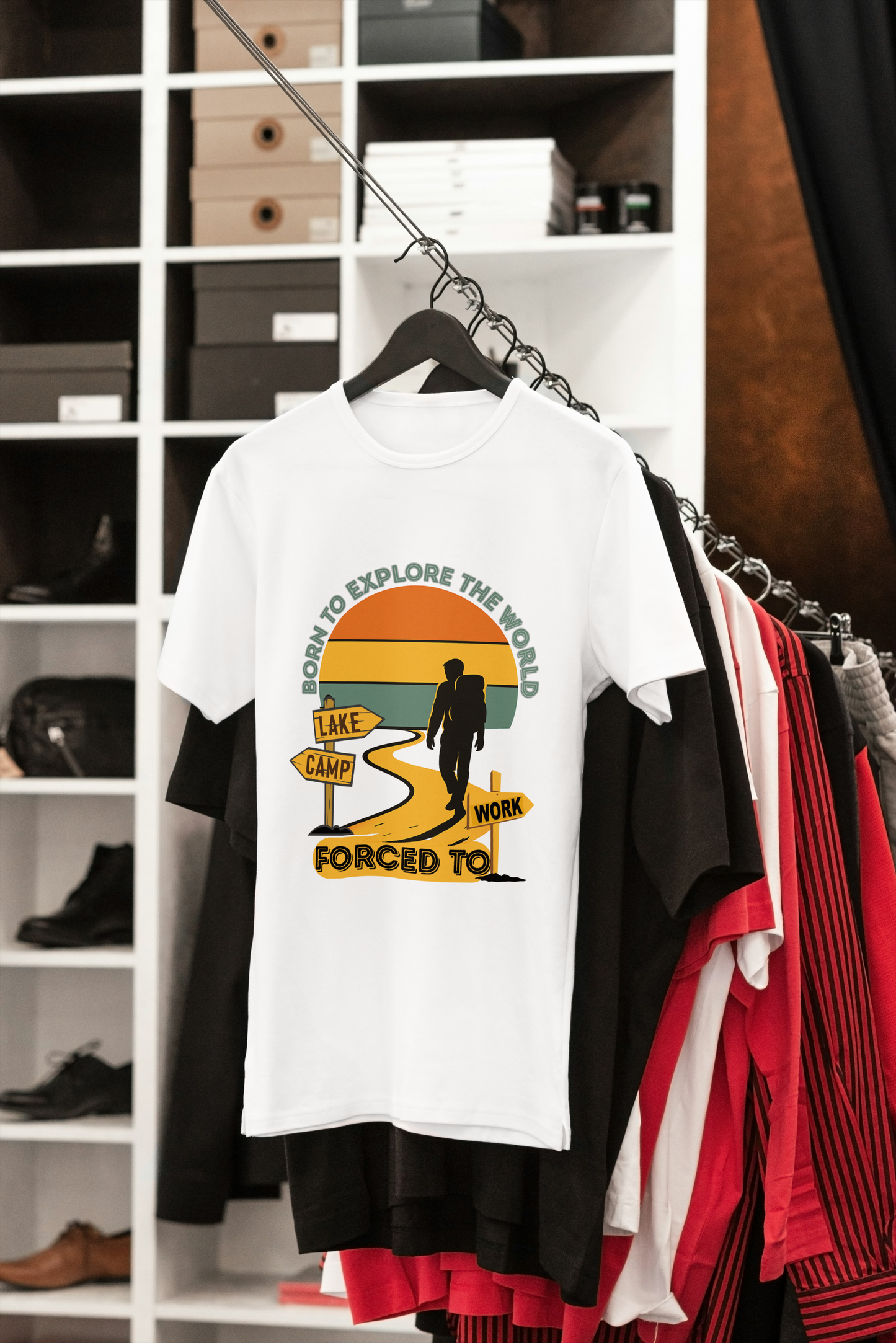 Adventure Unisex T-Shirt — “Born to Explore the World, Forced to Work” Retro Camping Tee