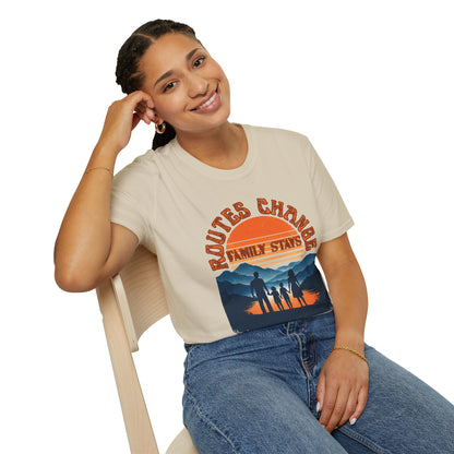 Family Sunset Camping T-Shirt – "Routes Change, Family Stays" Outdoor Adventure Tee
