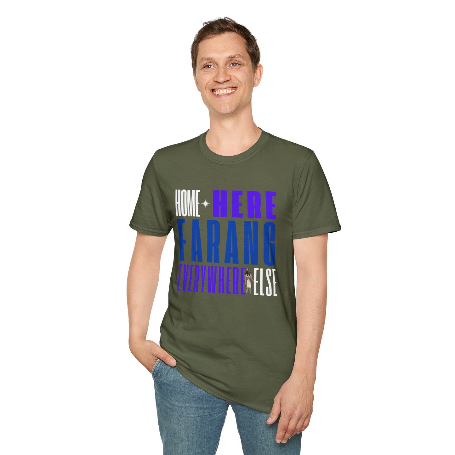 “Home Is Here Farang Everywhere Else” Softstyle T-Shirt for serious travellers.