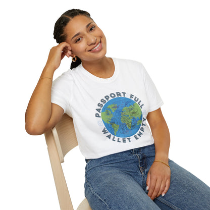 Travel Unisex T-Shirt — “Passport Full, Wallet Empty” with globe graphic, funny travel shirt.