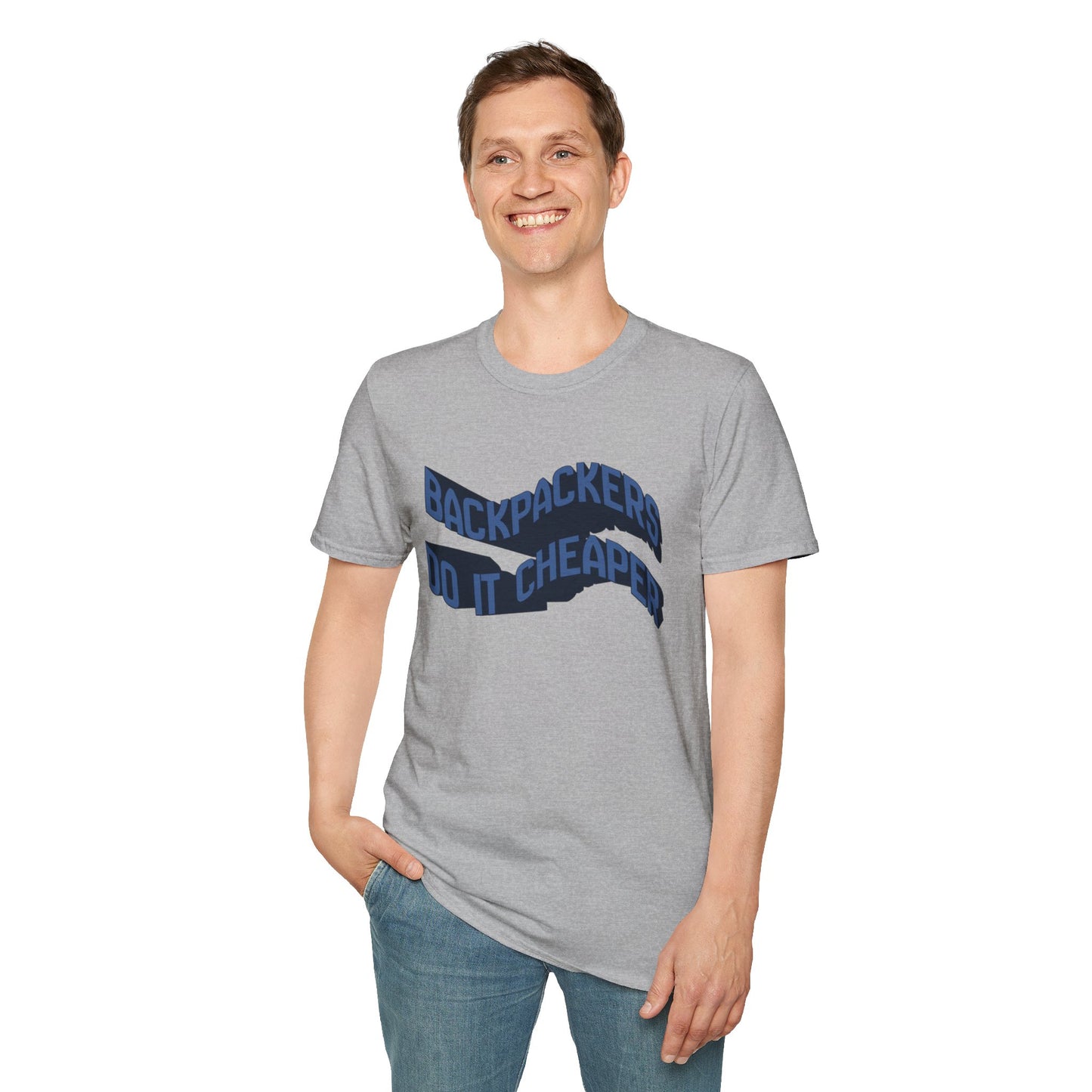 Wavy “Backpackers Do It Cheaper” Unisex Graphic T-Shirt — Adventure Travel Quote Tee.