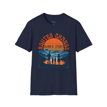 Family Sunset Camping T-Shirt – "Routes Change, Family Stays" Outdoor Adventure Tee