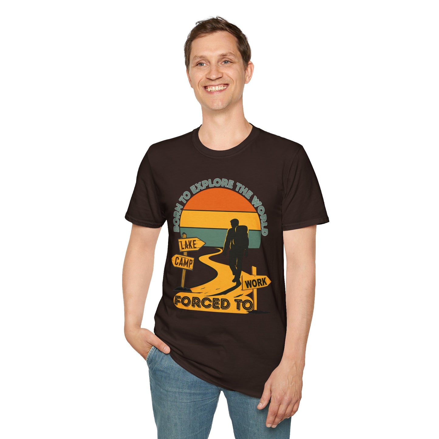 Adventure Hiker T-Shirt — "Born to Explore the World, Forced to Work" Retro Camping Tee