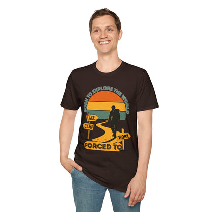 Adventure Hiker T-Shirt — "Born to Explore the World, Forced to Work" Retro Camping Tee