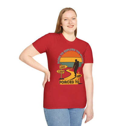 Adventure Hiker T-Shirt — "Born to Explore the World, Forced to Work" Retro Camping Tee