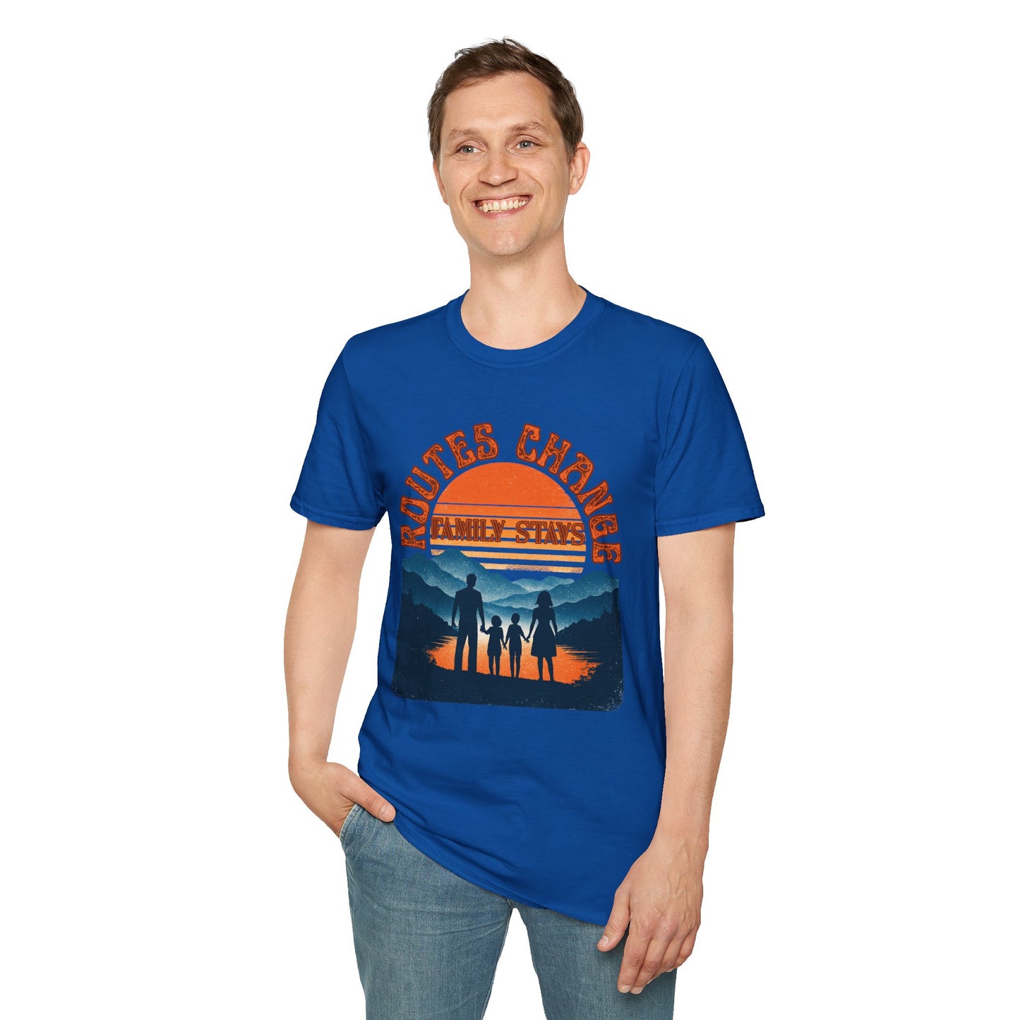 Family Sunset Camping T-Shirt – "Routes Change, Family Stays" Outdoor Adventure Tee