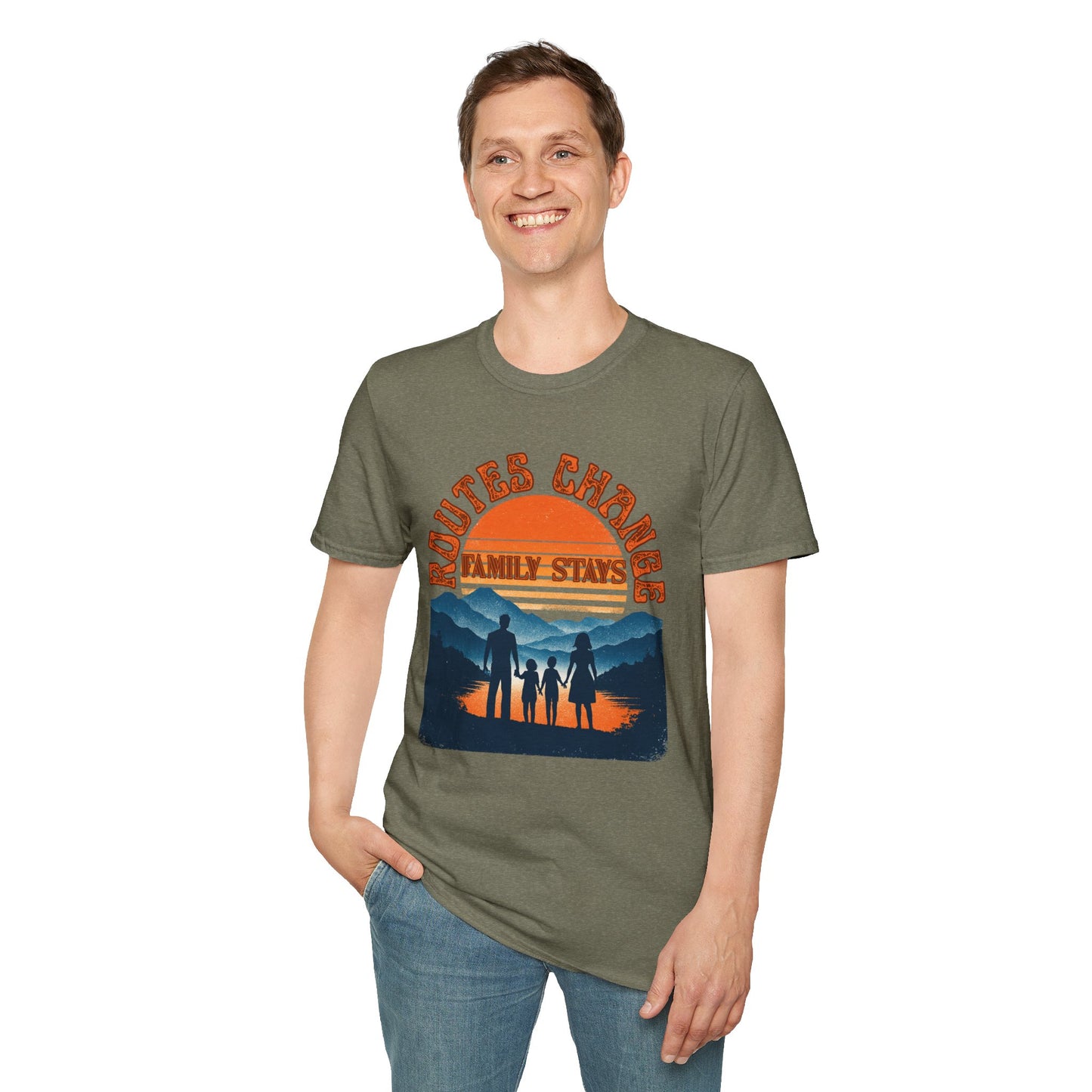 Family Sunset Camping T-Shirt – "Routes Change, Family Stays" Outdoor Adventure Tee