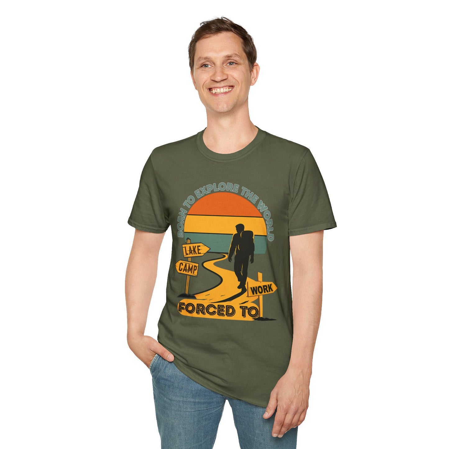 Adventure Hiker T-Shirt — "Born to Explore the World, Forced to Work" Retro Camping Tee