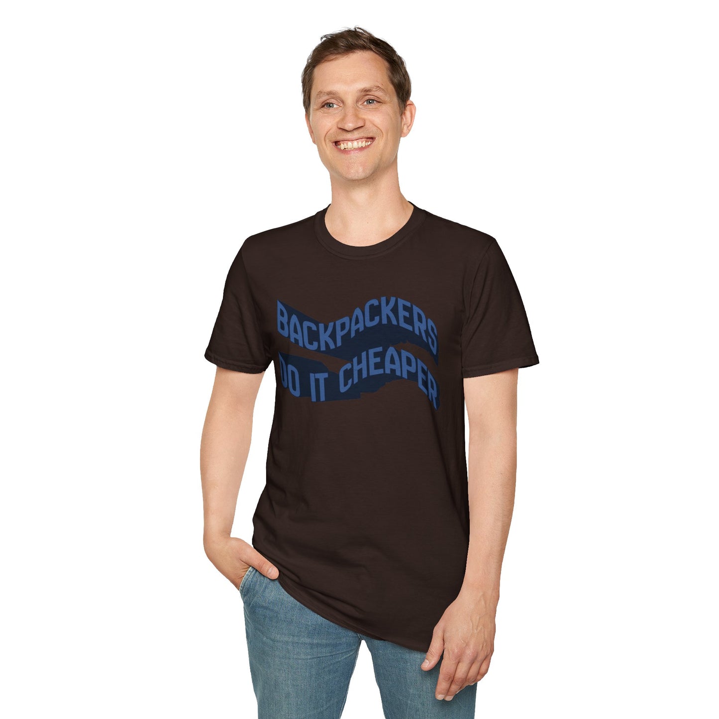 Wavy "Backpackers Do It Cheaper" Graphic T‑Shirt — Budget Travel Quote Tee