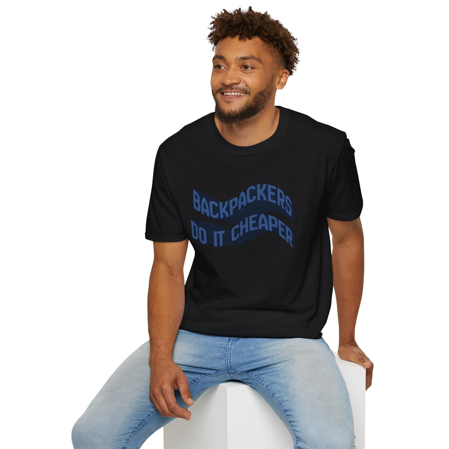 Wavy “Backpackers Do It Cheaper” Unisex Graphic T-Shirt — Adventure Travel Quote Tee.