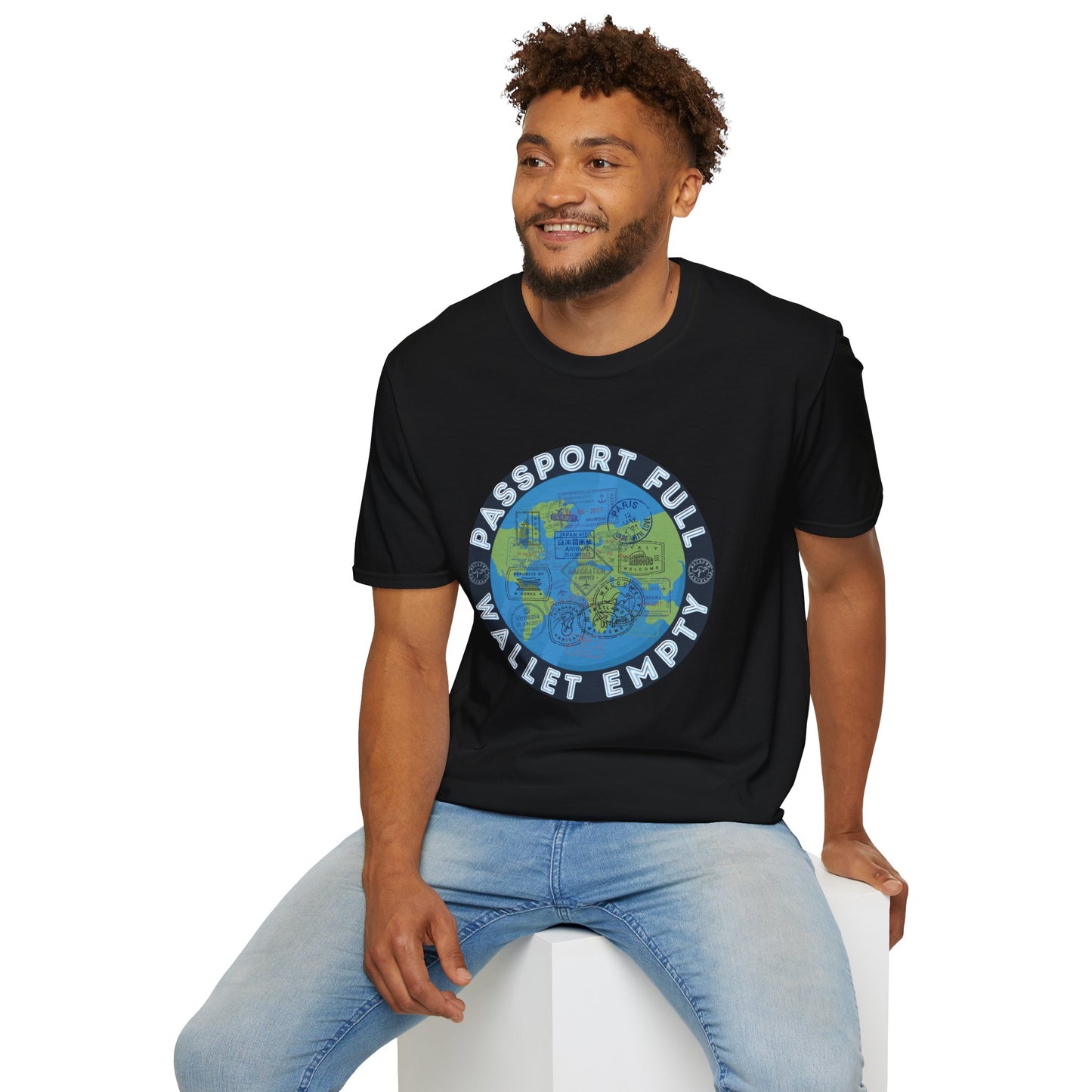 Travel Unisex T-Shirt — “Passport Full, Wallet Empty” with globe graphic, funny travel shirt.