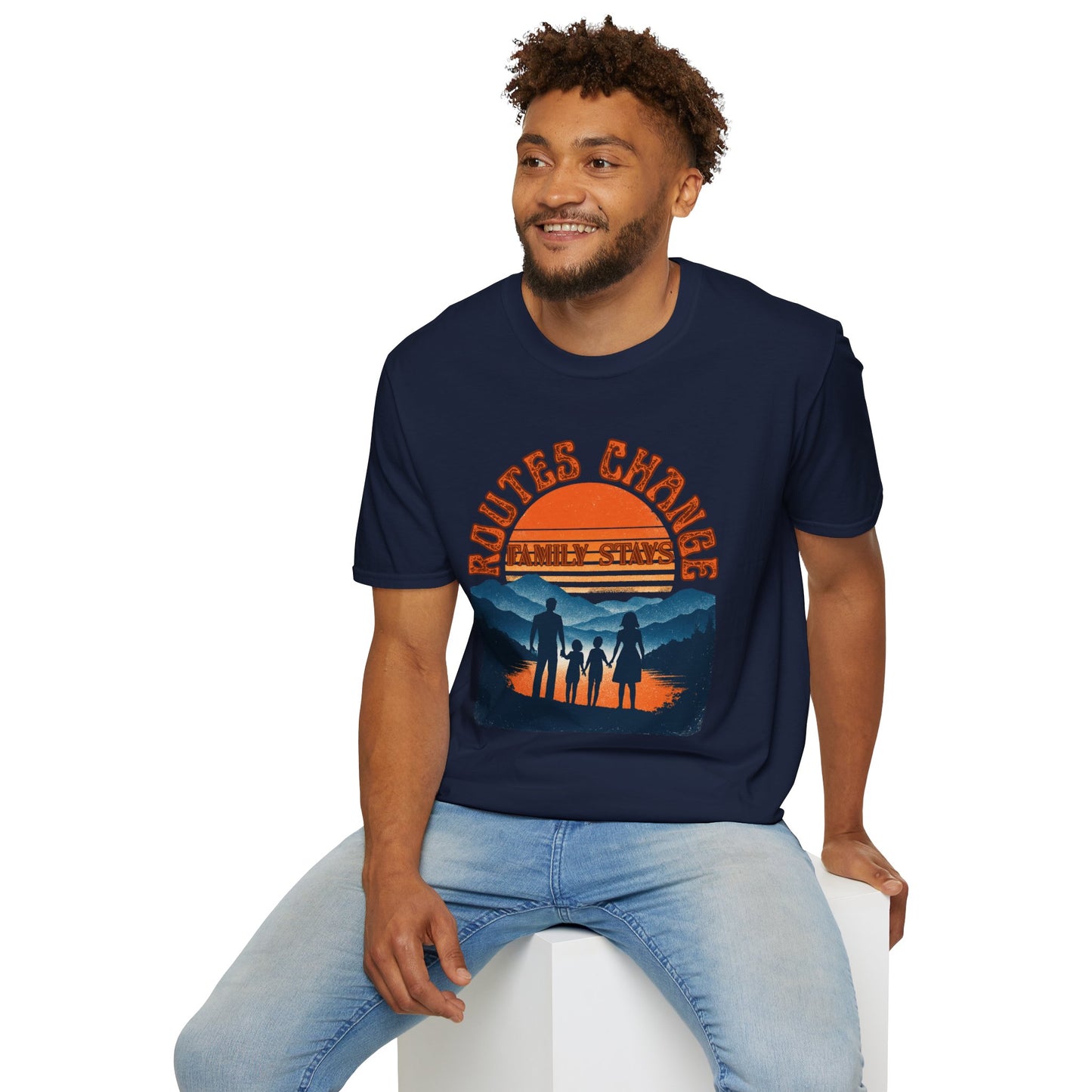 Family Sunset Camping T-Shirt – "Routes Change, Family Stays" Outdoor Adventure Tee