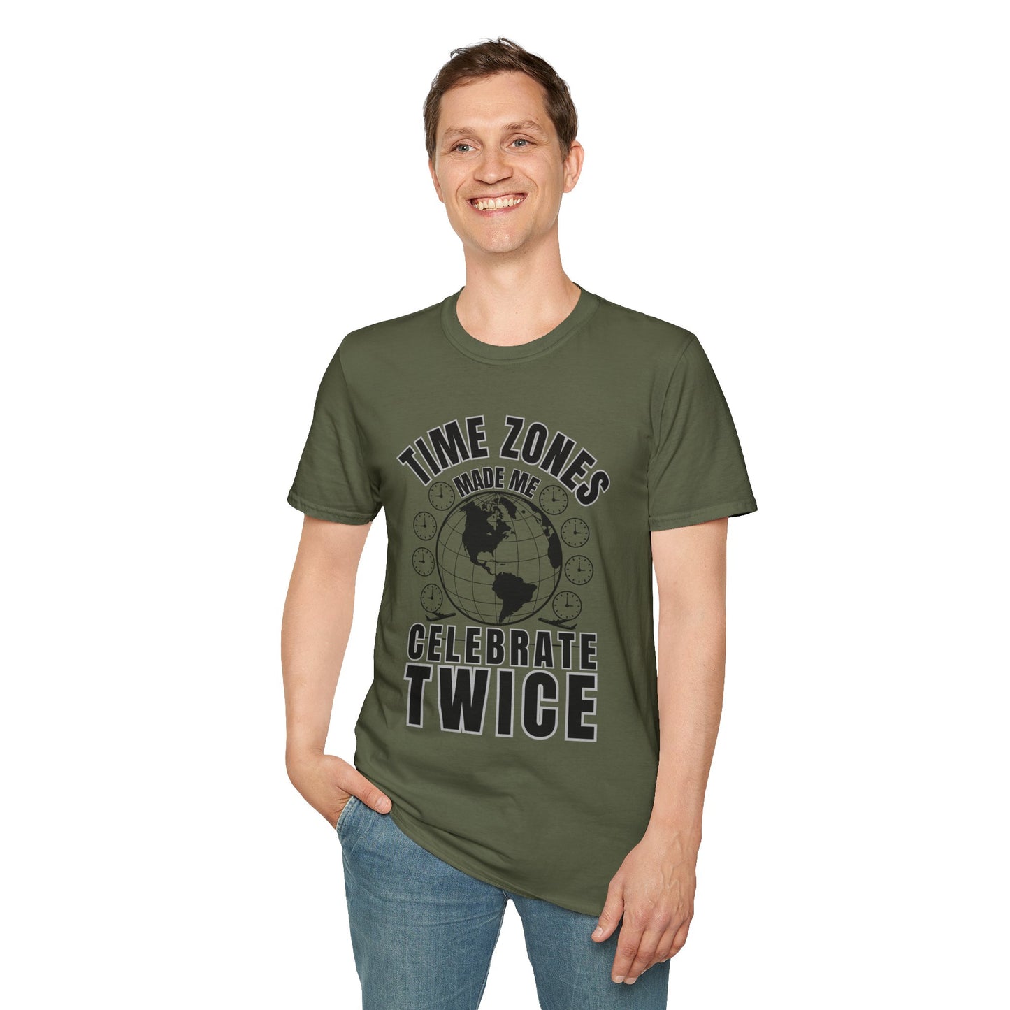 Globe Graphic Tee: “Time Zones Made Me Celebrate Twice”