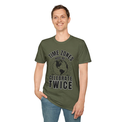 Globe Graphic Tee: “Time Zones Made Me Celebrate Twice”