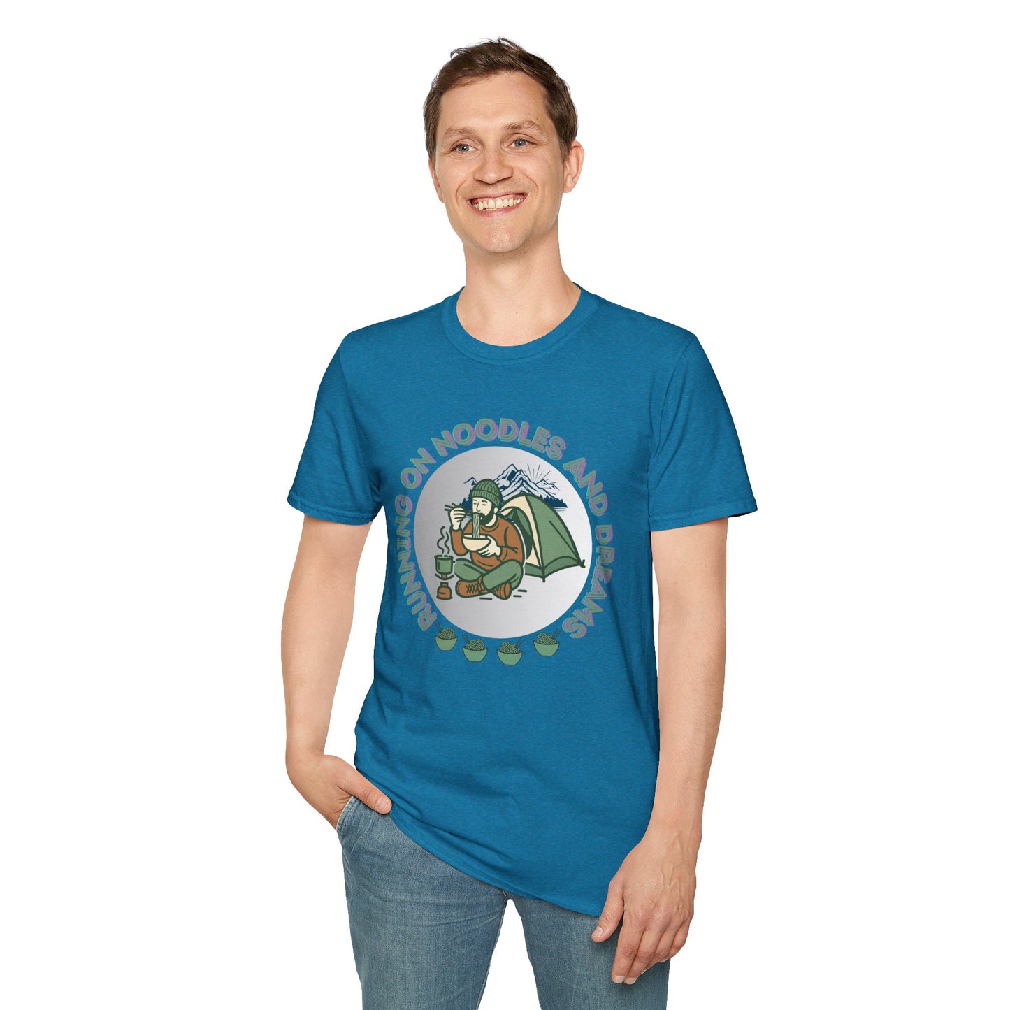 Camping Ramen Unisex T-Shirt — “Running on Noodles and Dreams” Outdoor Camping Shirt.