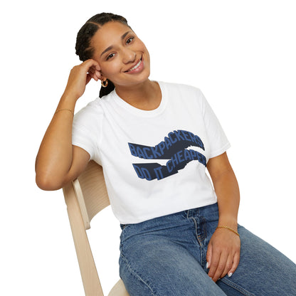 Wavy “Backpackers Do It Cheaper” Unisex Graphic T-Shirt — Adventure Travel Quote Tee.