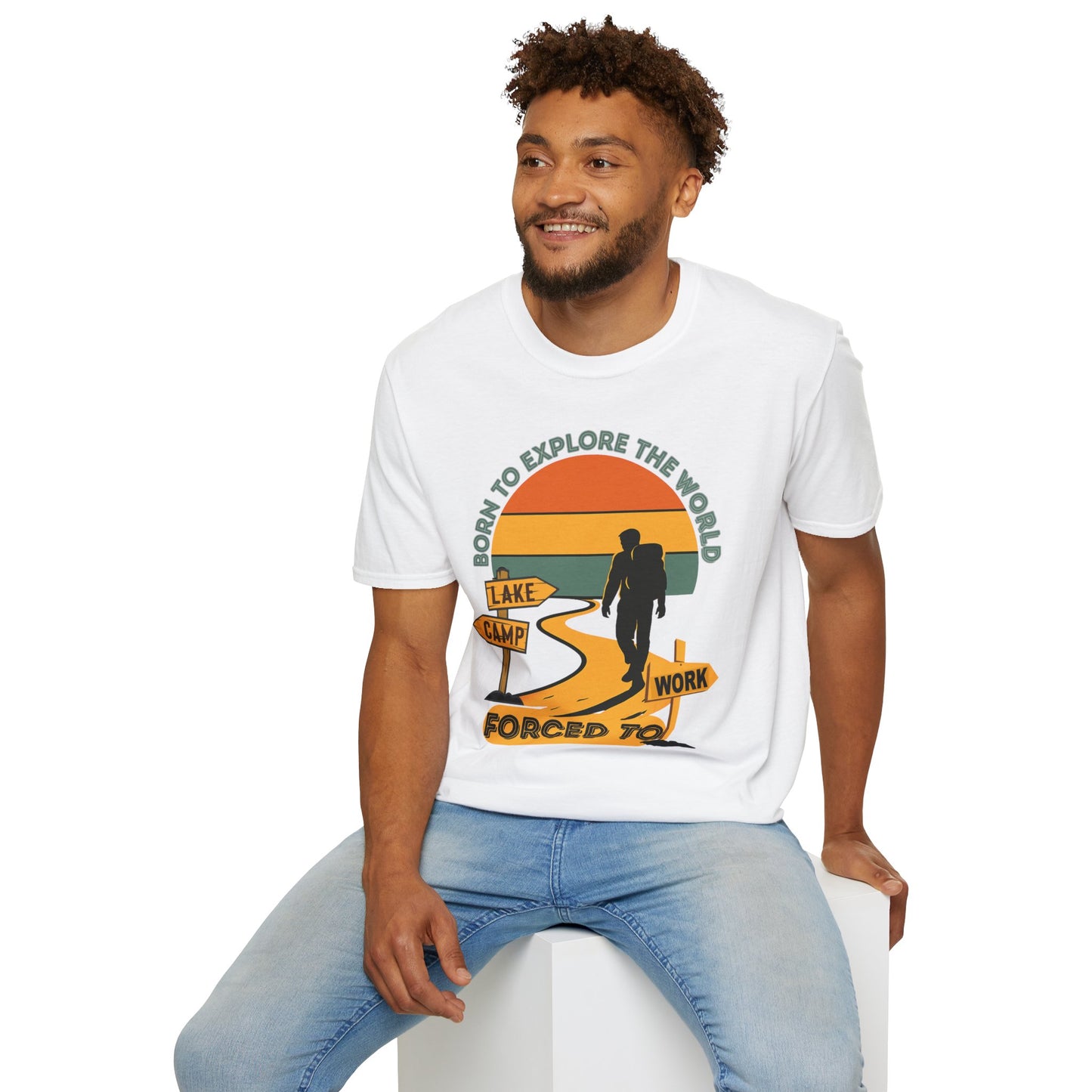 Adventure Hiker T-Shirt — "Born to Explore the World, Forced to Work" Retro Camping Tee
