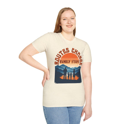 Family Sunset Camping T-Shirt – "Routes Change, Family Stays" Outdoor Adventure Tee