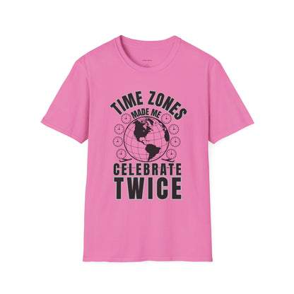 Globe Graphic Tee: “Time Zones Made Me Celebrate Twice”