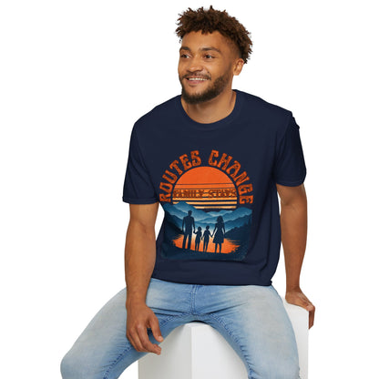 Family Sunset Camping T-Shirt – "Routes Change, Family Stays" Outdoor Adventure Tee