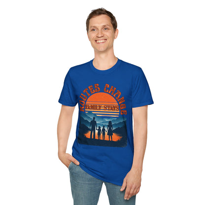Family Sunset Camping T-Shirt – "Routes Change, Family Stays" Outdoor Adventure Tee