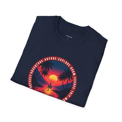 T-Shirt with Sunset Design, "Explore More" Softstyle Tee, Beach Vibes Shirt, Unisex Graphic Tee, Perfect Travel Gift