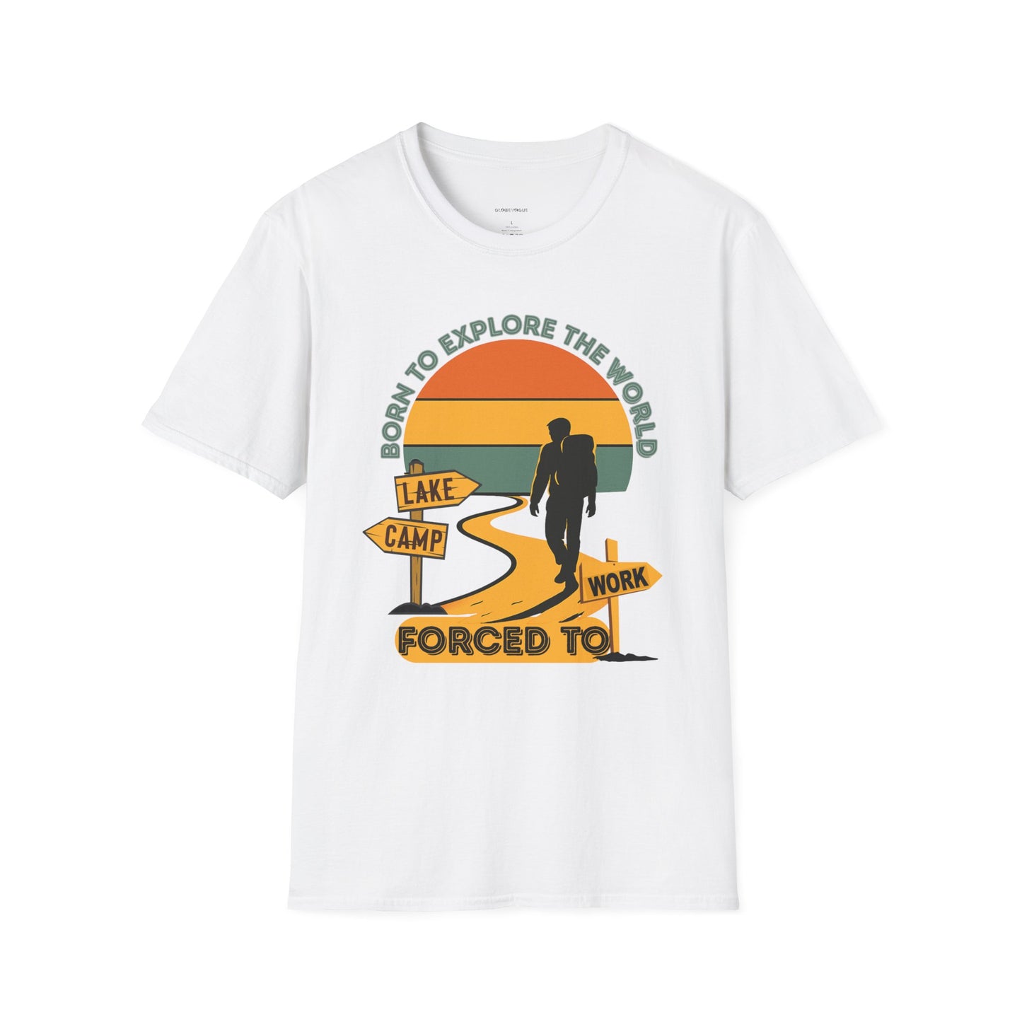 Adventure Unisex T-Shirt — “Born to Explore the World, Forced to Work” Retro Camping Tee