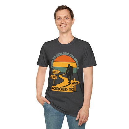 Adventure Hiker T-Shirt — "Born to Explore the World, Forced to Work" Retro Camping Tee