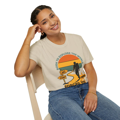 Adventure Unisex T-Shirt — “Born to Explore the World, Forced to Work” Retro Camping Tee