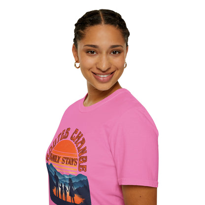 Family Sunset Camping T-Shirt – "Routes Change, Family Stays" Outdoor Adventure Tee