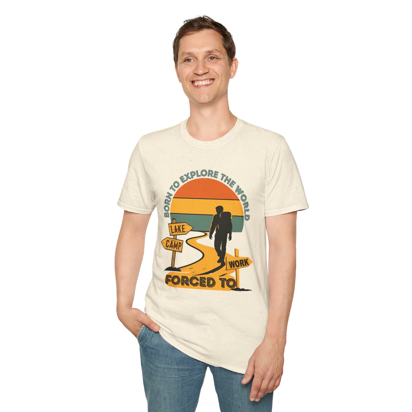 Adventure Unisex T-Shirt — “Born to Explore the World, Forced to Work” Retro Camping Tee