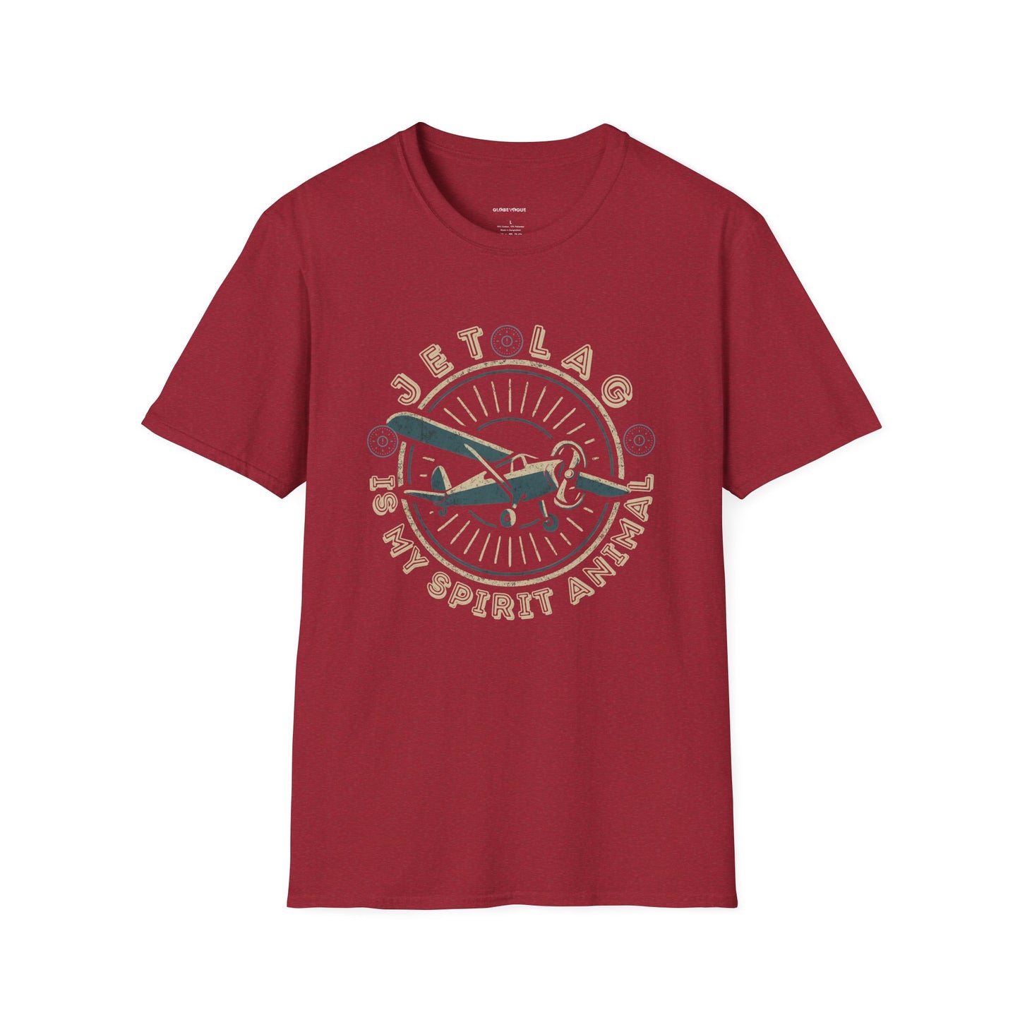 Vintage style unisex T-shirt about jet lag, featuring the phrase “Jet Lag is My Spirit Animal.”