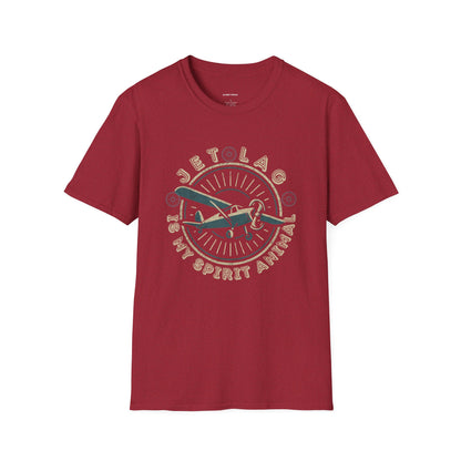 Vintage style unisex T-shirt about jet lag, featuring the phrase “Jet Lag is My Spirit Animal.”