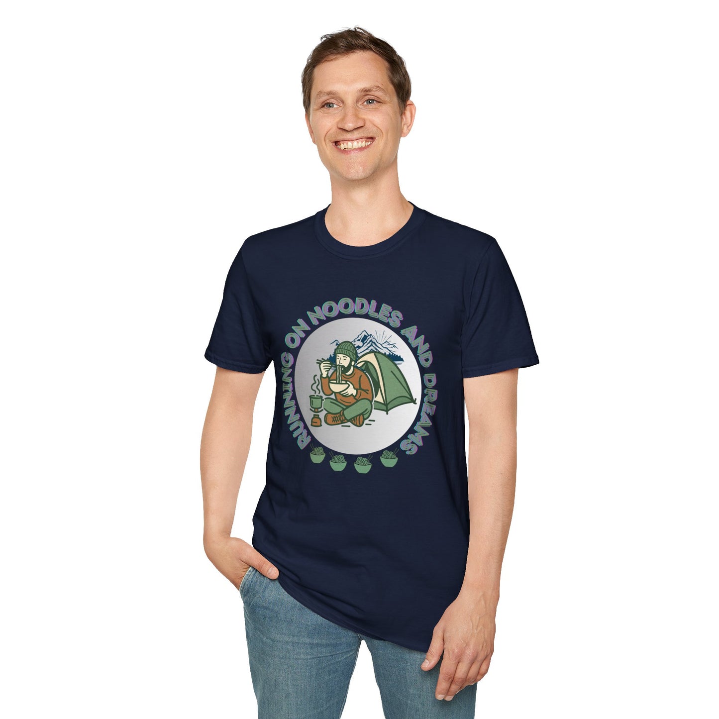 Camping Ramen Unisex T-Shirt — “Running on Noodles and Dreams” Outdoor Camping Shirt.