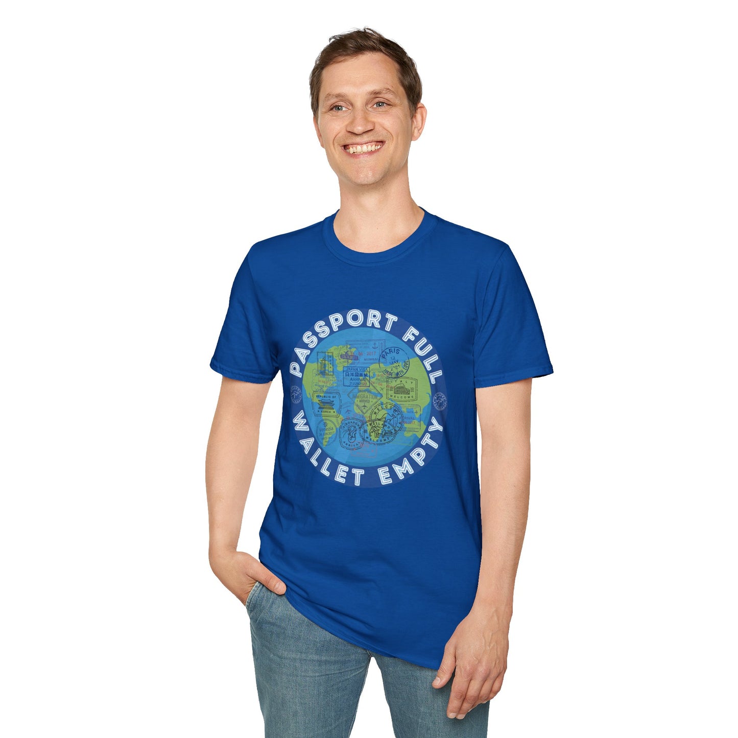 Travel Unisex T-Shirt — “Passport Full, Wallet Empty” with globe graphic, funny travel shirt.