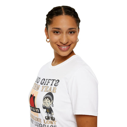 T-Shirt — "No Gifts This Year, Airline Lost My Luggage" Funny Holiday Travel Tee