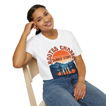 Family Sunset Camping T-Shirt – "Routes Change, Family Stays" Outdoor Adventure Tee