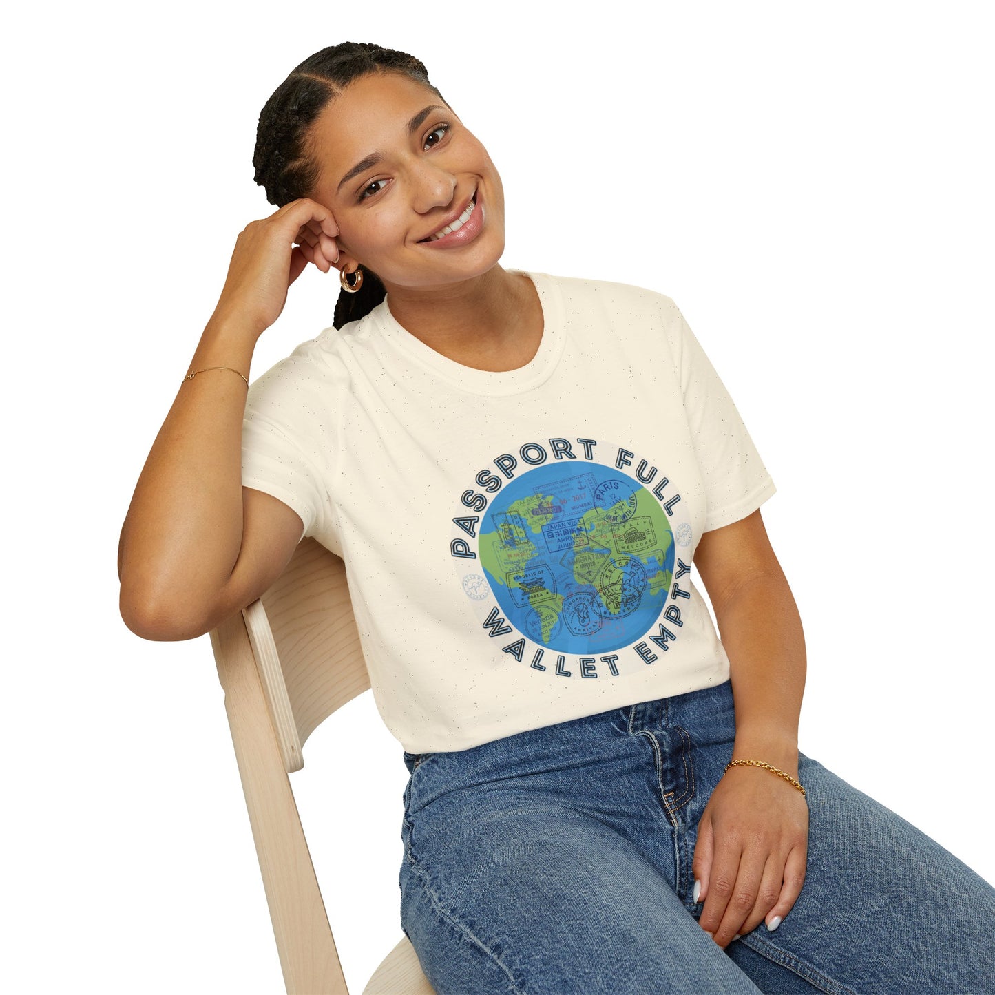 Travel Unisex T-Shirt — “Passport Full, Wallet Empty” with globe graphic, funny travel shirt.