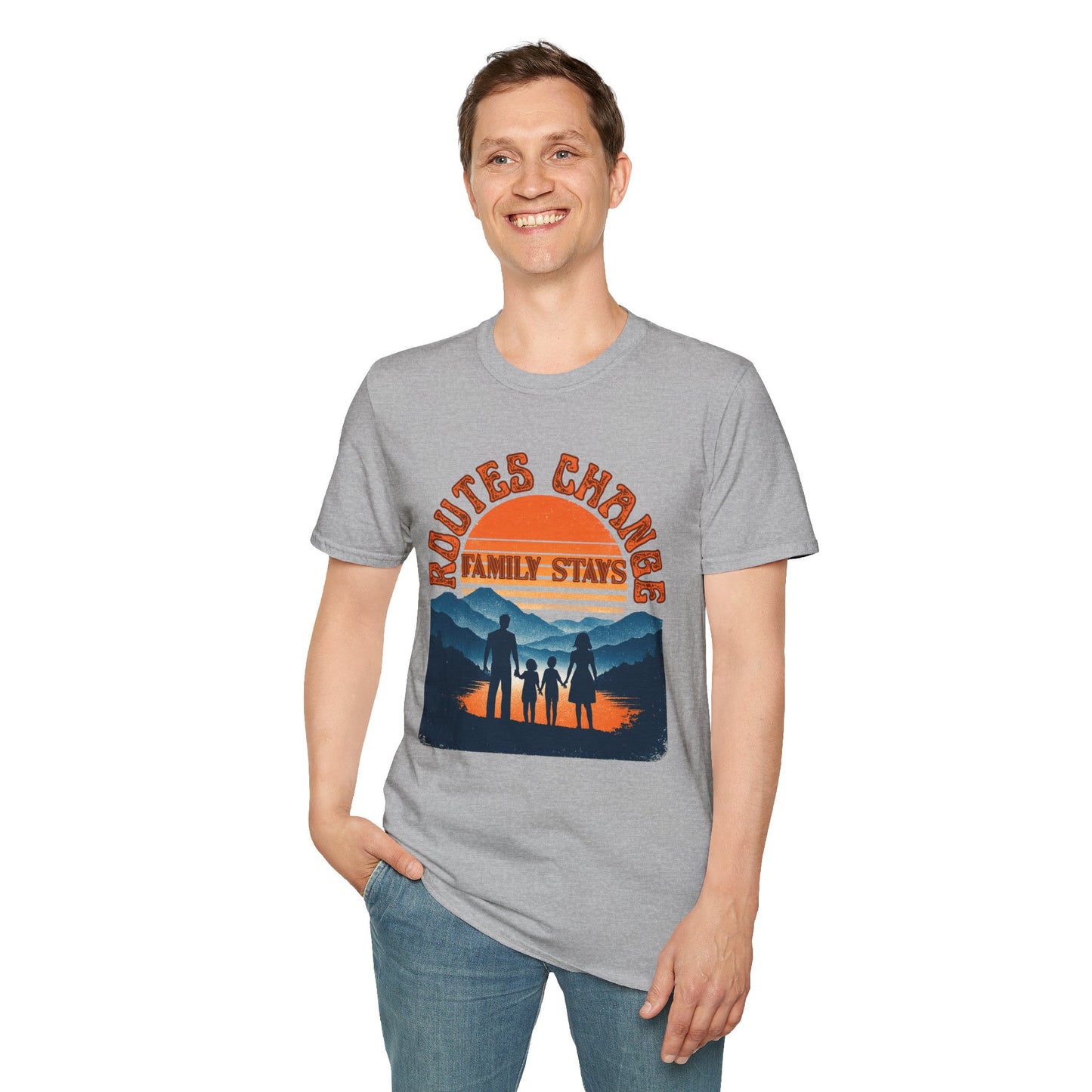 Family Sunset Camping T-Shirt – "Routes Change, Family Stays" Outdoor Adventure Tee