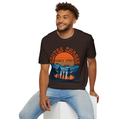 Family Sunset Camping T-Shirt – "Routes Change, Family Stays" Outdoor Adventure Tee