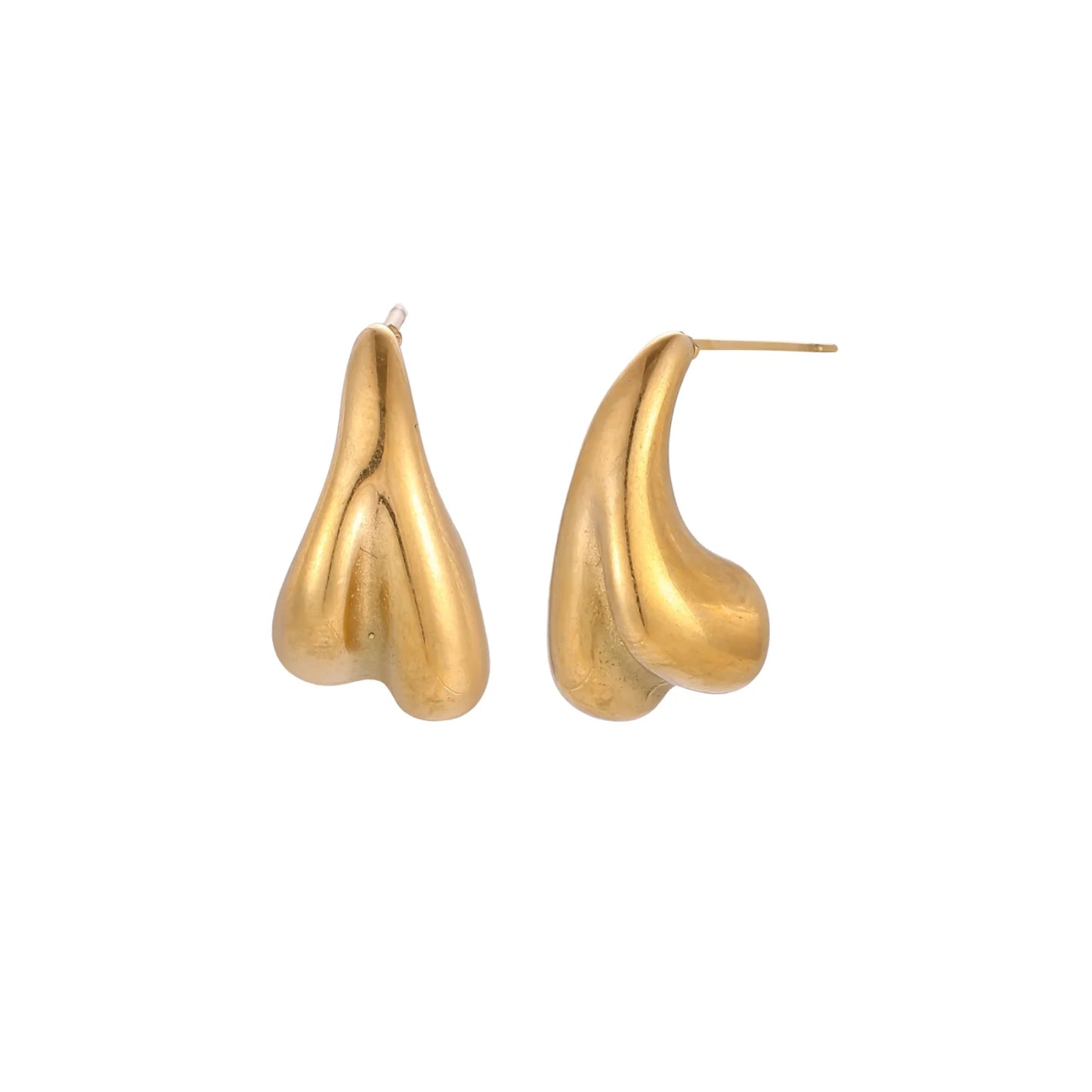 Pair of sculptural gold stud earrings with twisted organic forms on cream background