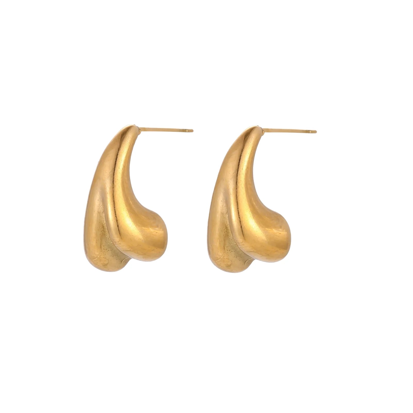 Pair of sculptural gold stud earrings with twisted organic forms on cream background