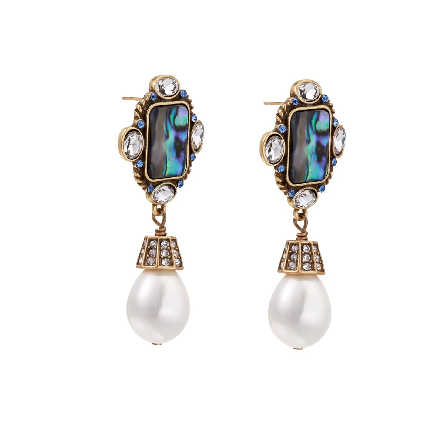 Ornate gold-plated earrings with iridescent abalone shell, crystals, blue stones, and white pearl drops on cream background.