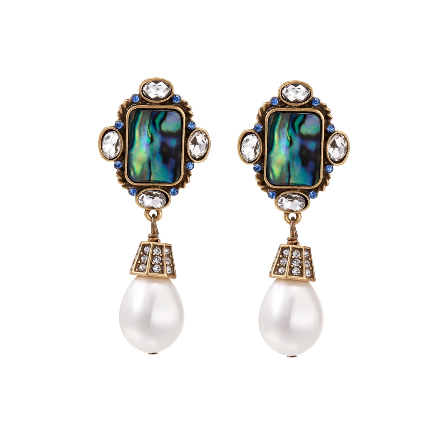 Ornate gold-plated earrings with iridescent abalone shell, crystals, blue stones, and white pearl drops on cream background.