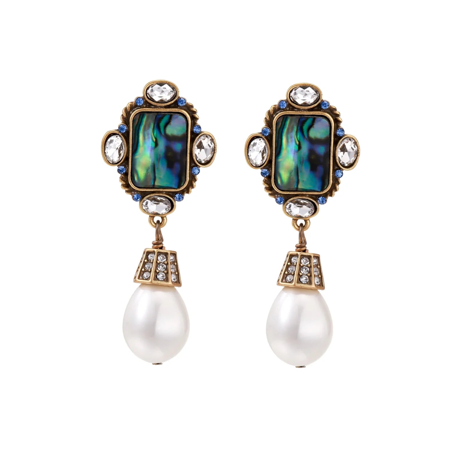 Ornate gold-plated earrings with iridescent abalone shell, crystals, blue stones, and white pearl drops on cream background.