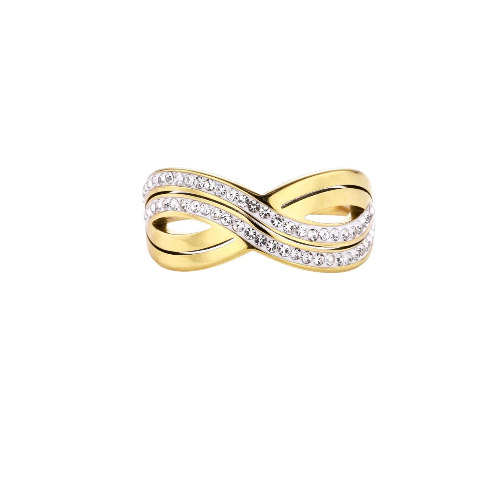 Gold-plated ring with interweaving wave bands and two rows of clear rhinestones creating an infinity pattern
