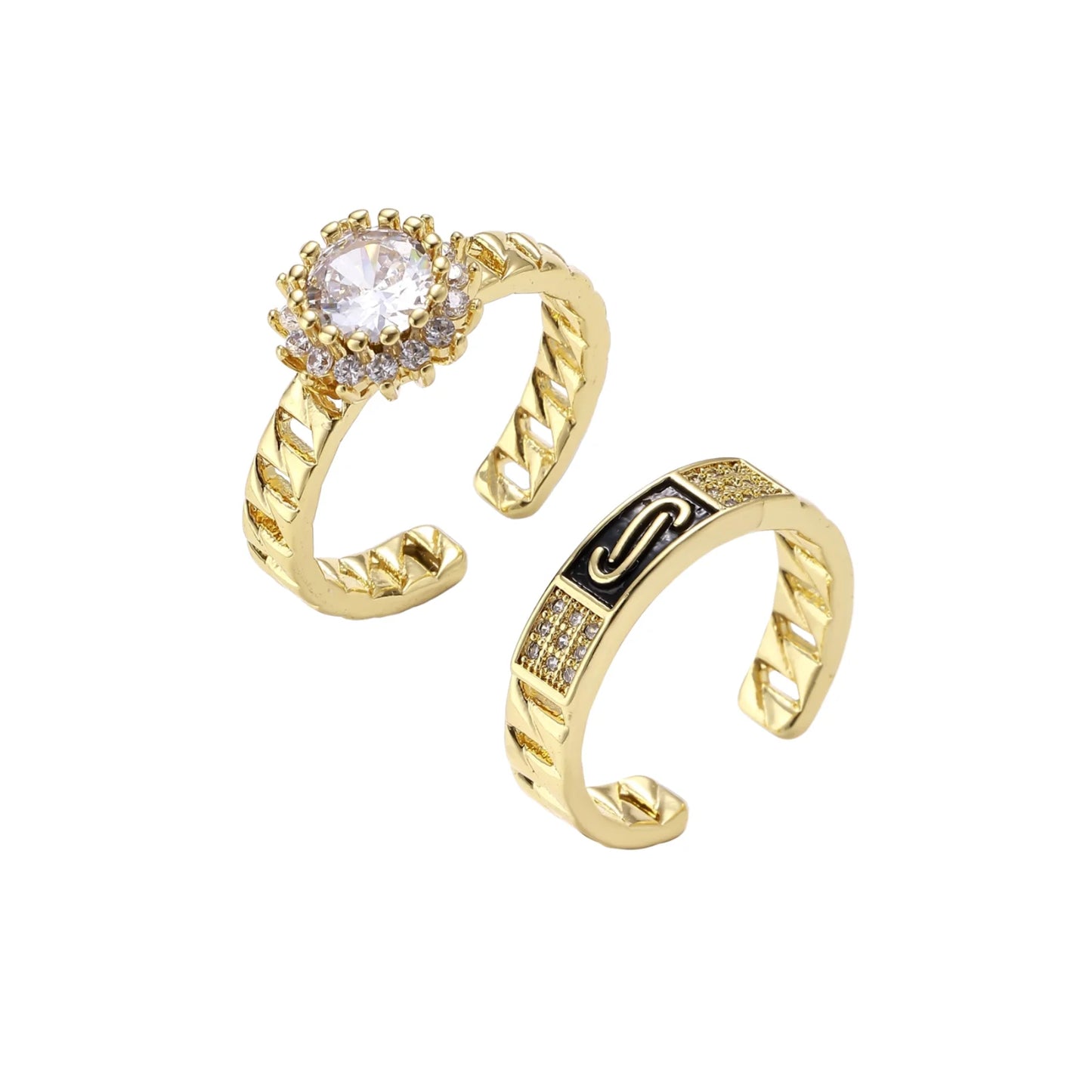Gold-plated adjustable ring with twisted chain band, central cubic zirconia stone surrounded by crystal halo on cream background