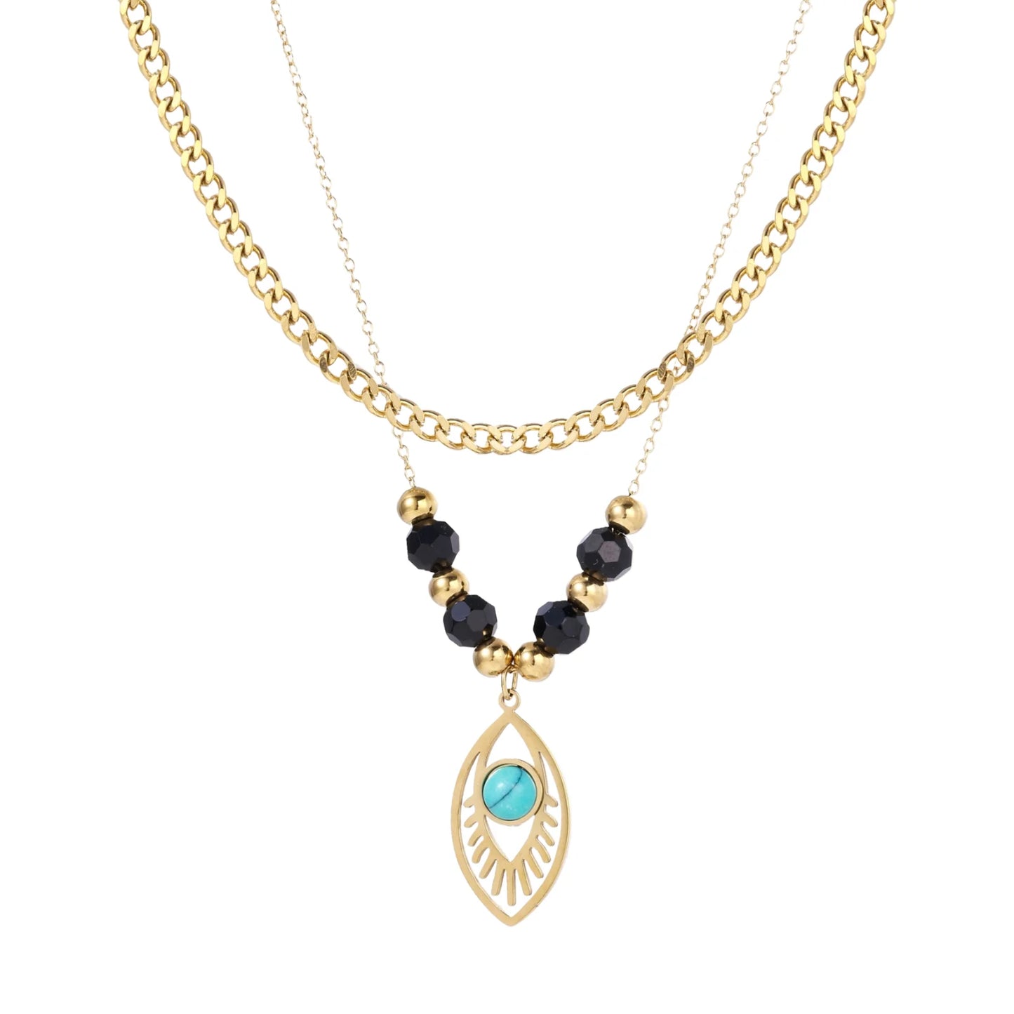 Layered gold necklace with turquoise evil eye pendant and black quartz beads on cream background
