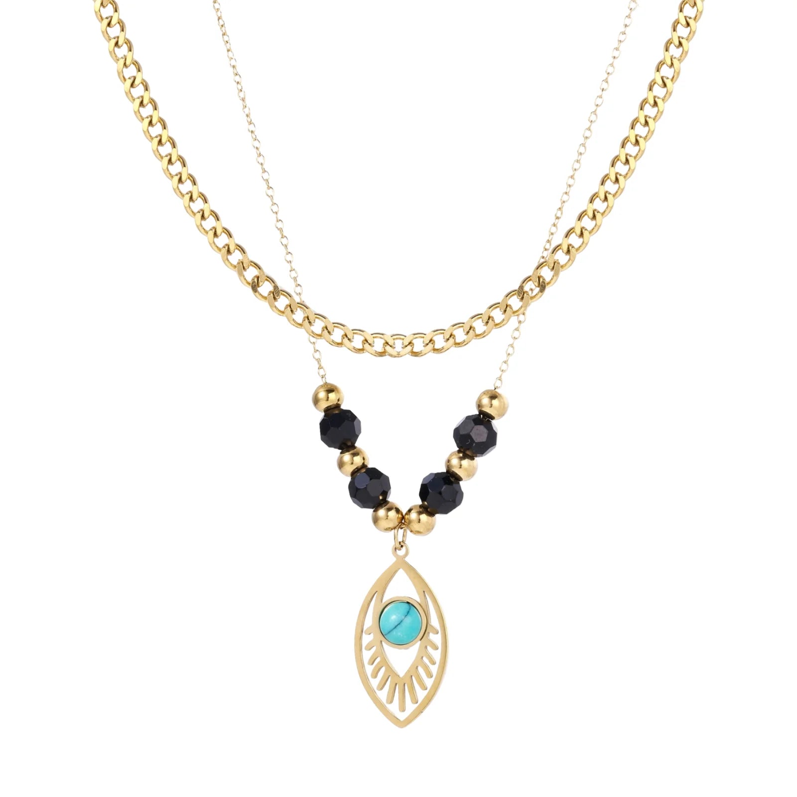 Layered gold necklace with turquoise evil eye pendant and black quartz beads on cream background