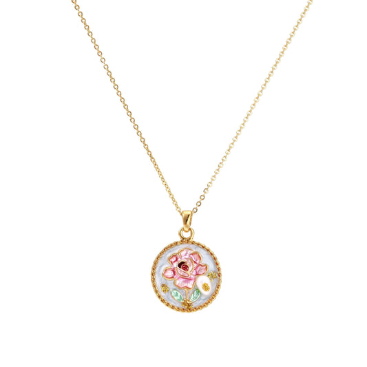 Gold-plated circular pendant with pink enamel rose, pearl background, and delicate beaded border on chain